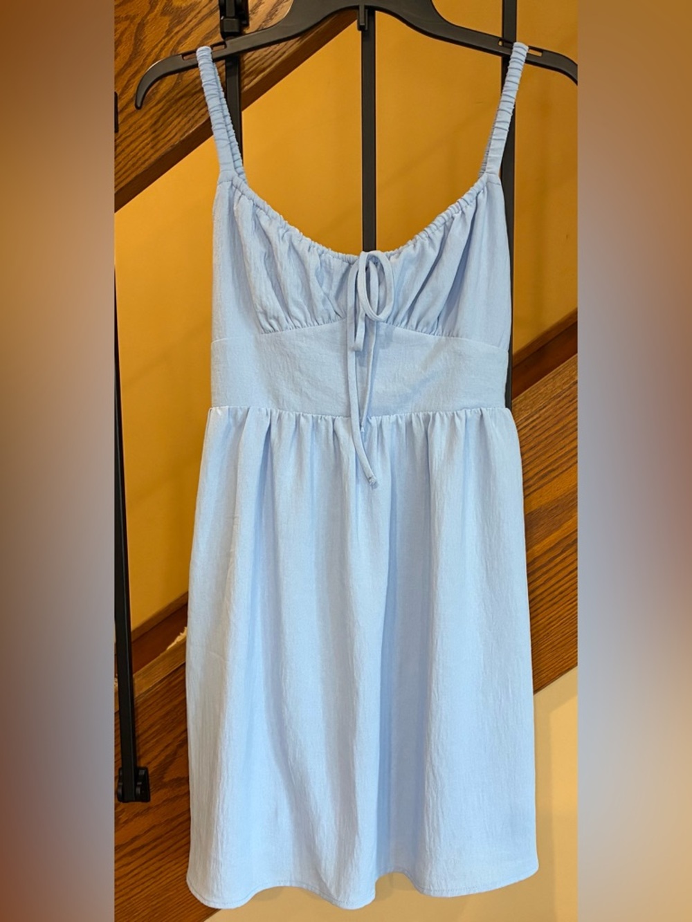 Sadie & Sage Dress Mini Elastic Straps Tie In Front Cocked Back Light Blue SZ. S